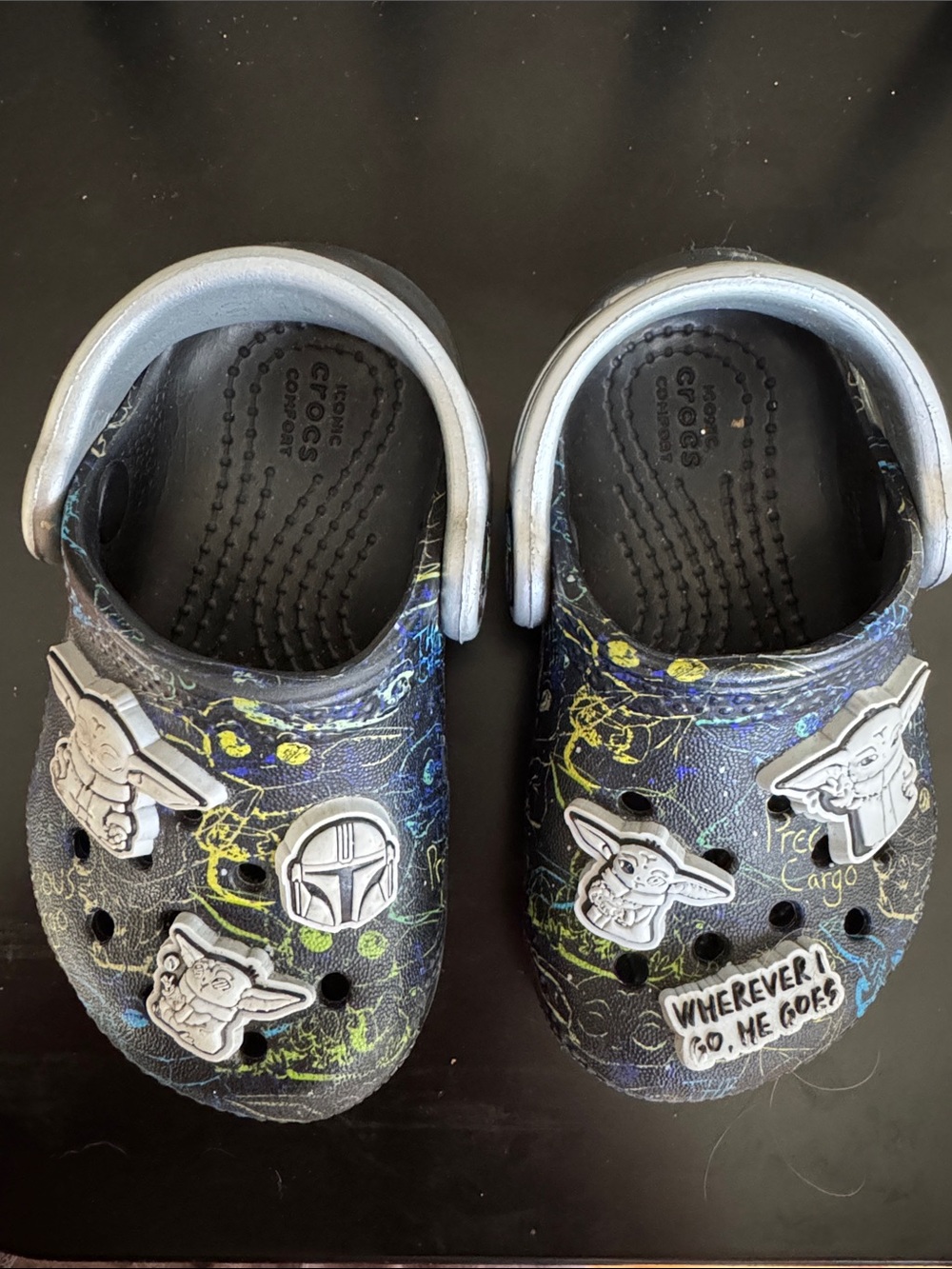 CROCS Kids' Black with Green & Blue Splatter Grogu Charm Clogs
